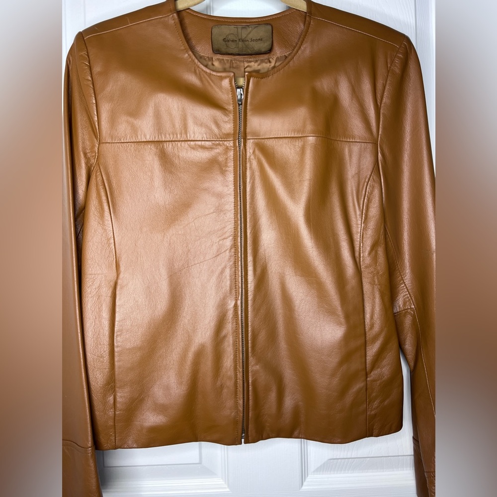 NEW Calvin Klein Leather Jacket Women's Zippered Lined Caramel Brown Tan Small